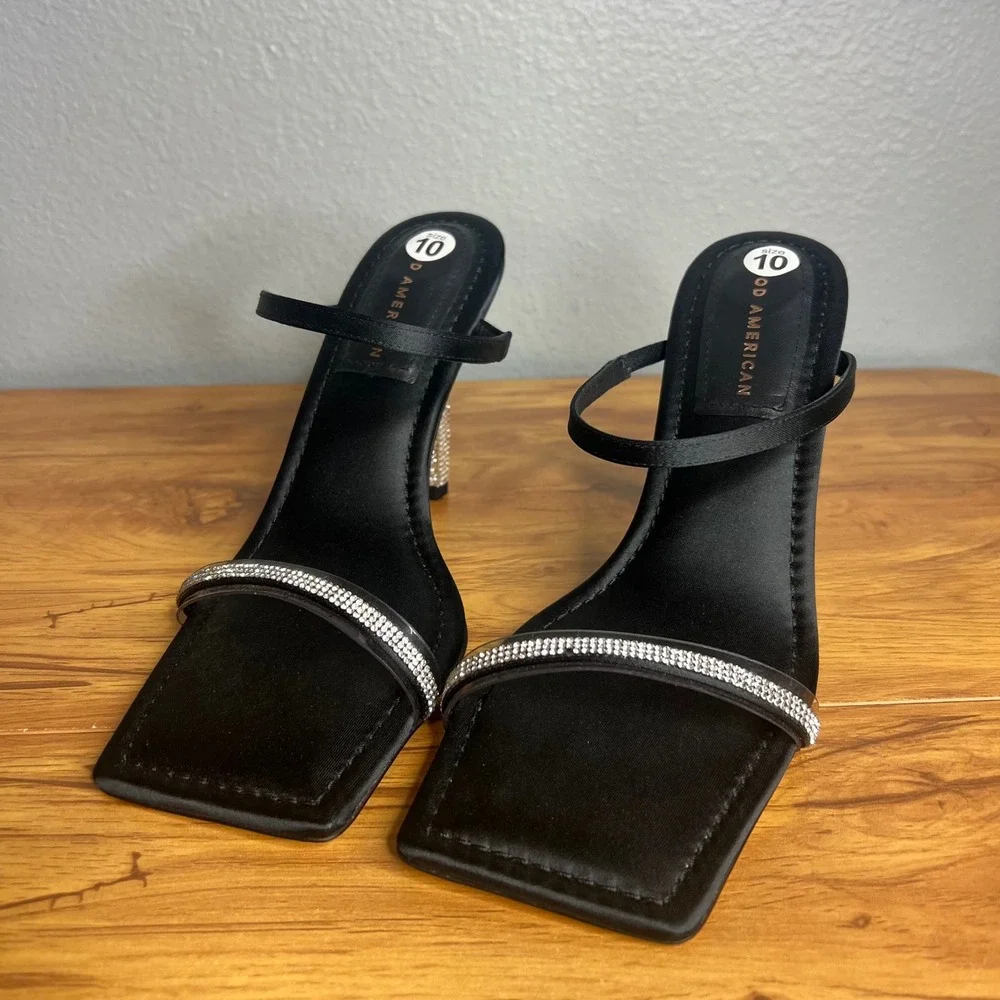 Good American Rhinestone Square Toe Heel Sandal Size 10 Black Glam Stiletto